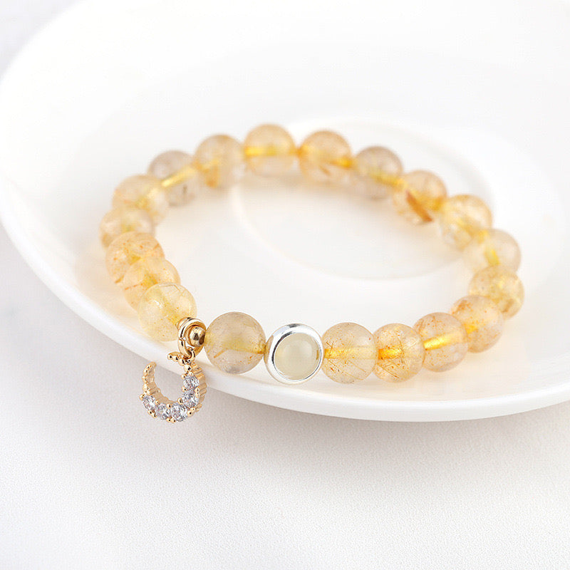 Rutilated Quartz Bracelet with Crescent Moon Charm for Positive Energy