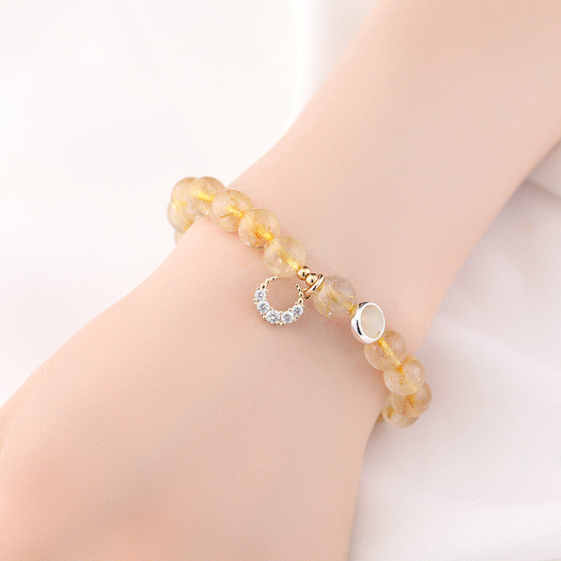 Rutilated Quartz Bracelet with Crescent Moon Charm for Positive Energy