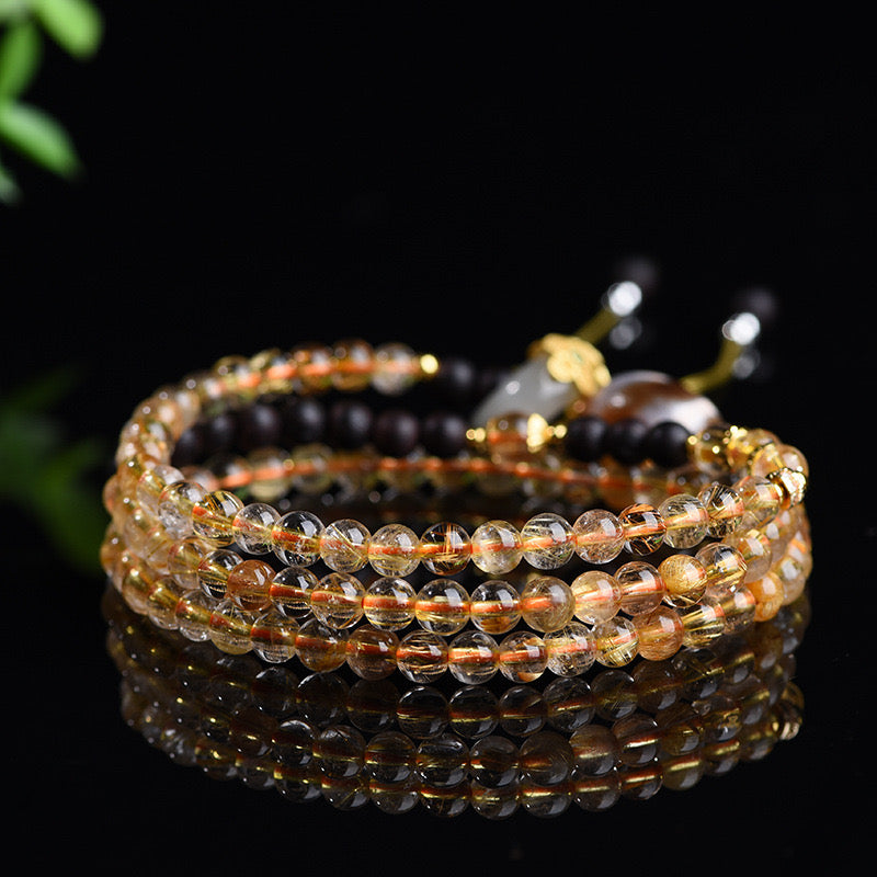 Tibetan Zashi Lhamo Gold Rutilated Quartz and Agate Bead Bracelet