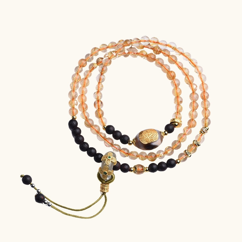 Tibetan Zashi Lhamo Gold Rutilated Quartz and Agate Bead Bracelet