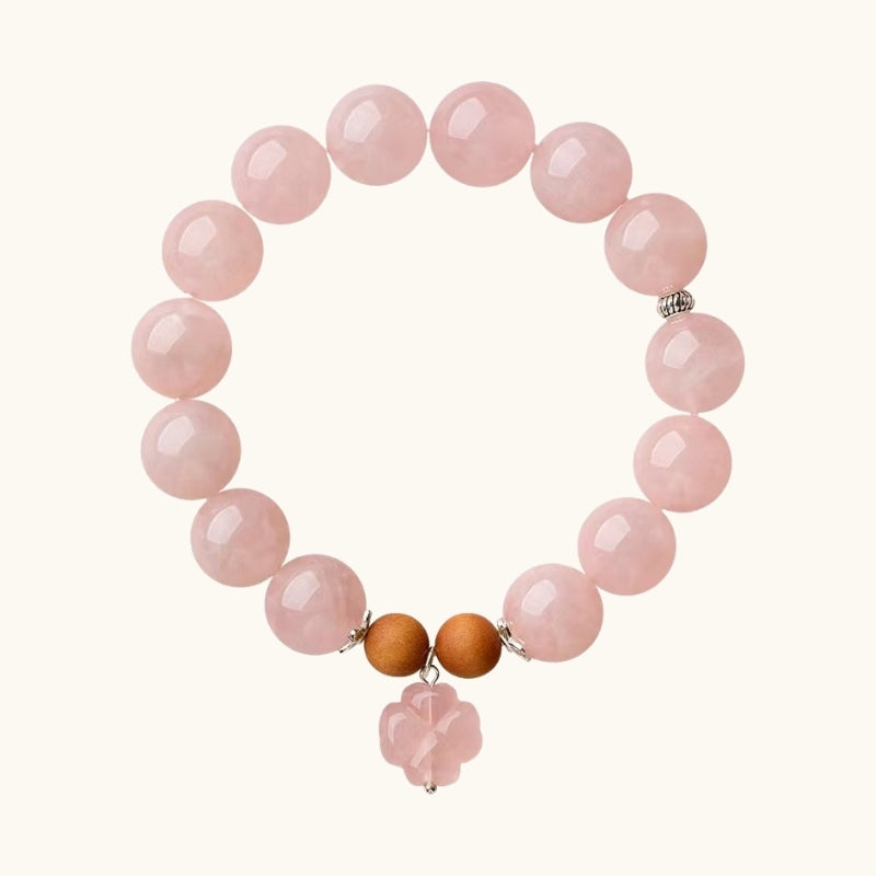 Rose Quartz Beaded Bracelet with Clover Charm for Love Luck