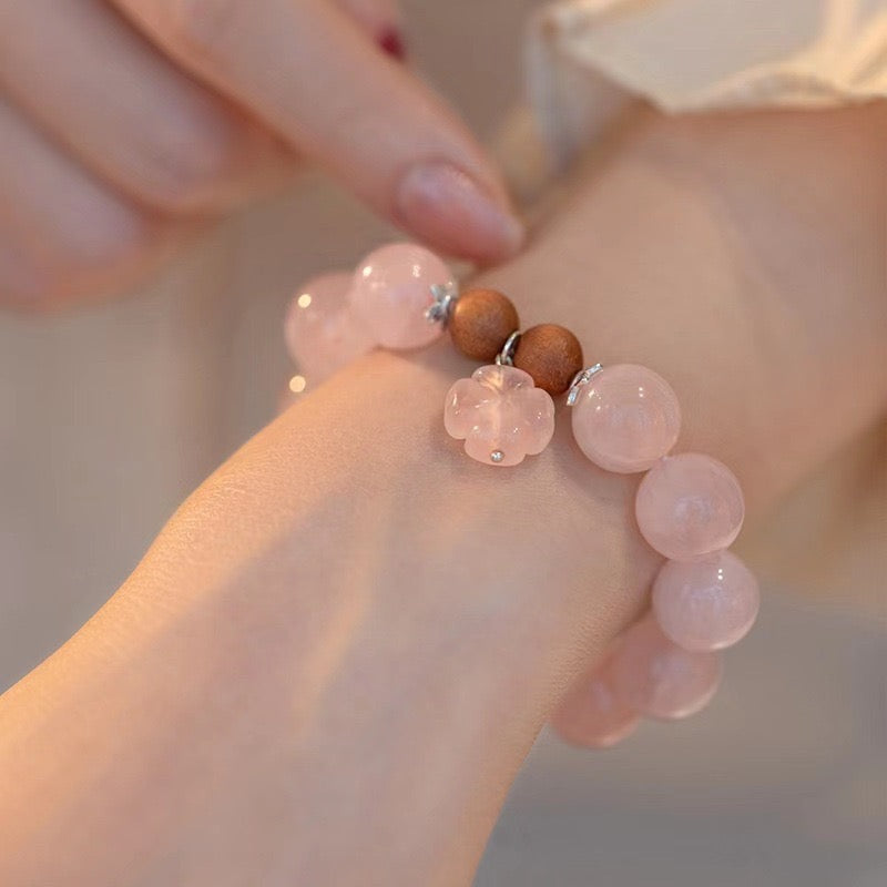 Rose Quartz Beaded Bracelet with Clover Charm for Love Luck